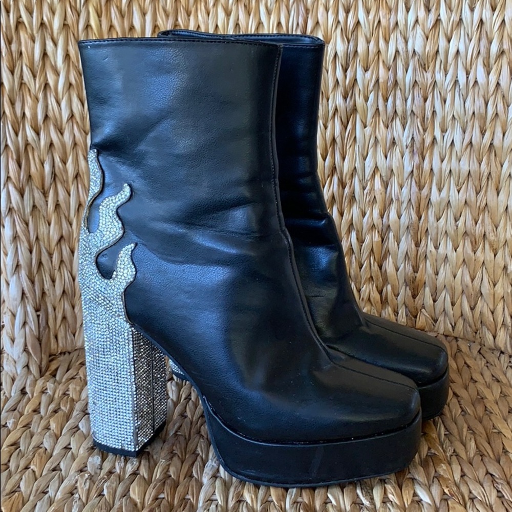 Dolls Kill Sugar Thrillz Rhinestone Flame Boots 6M